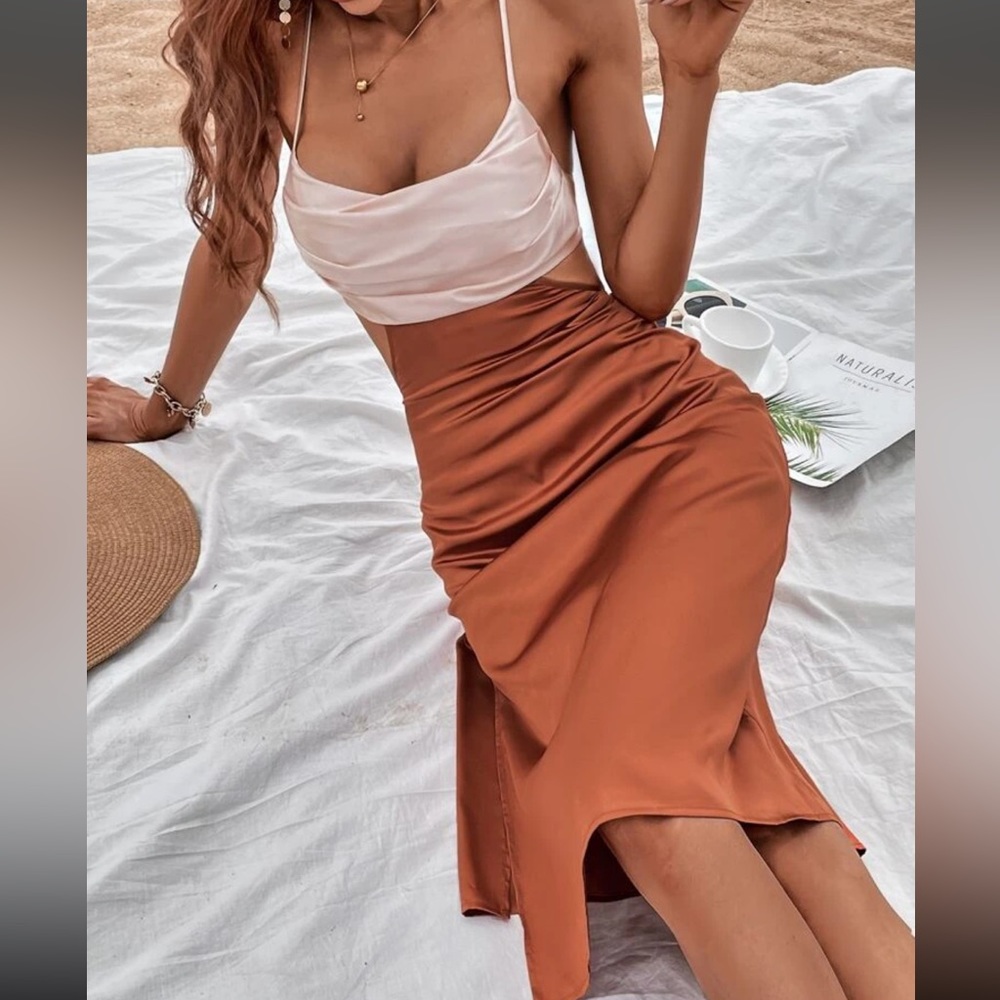 Backless satin mid length two tone dress